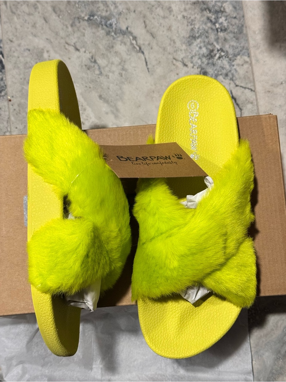 Bearpaw Women’s Neon Lime Fuzzy Slide Sandals